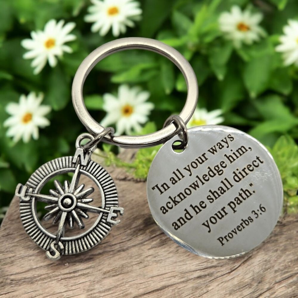 Proverbs 3:6 Stainless Steel Keychain Compass Keyring Inspirational Key Chain - Picture 2 of 5